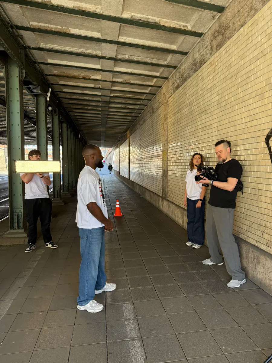 Model production team on location